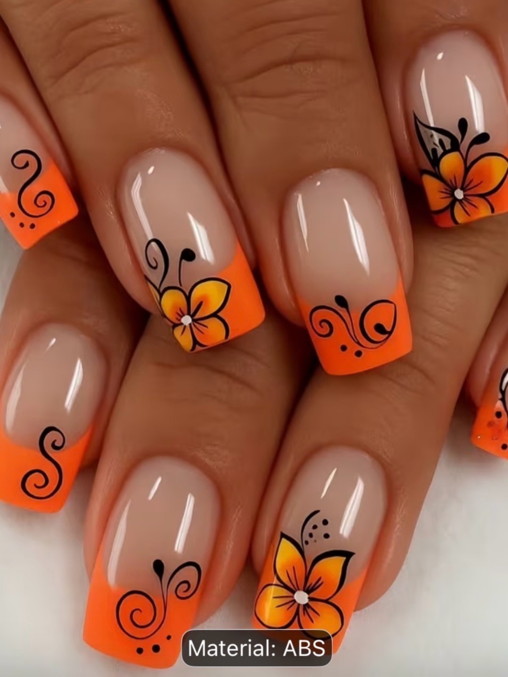 Bright Orange Floral French Tip Press-On Nails